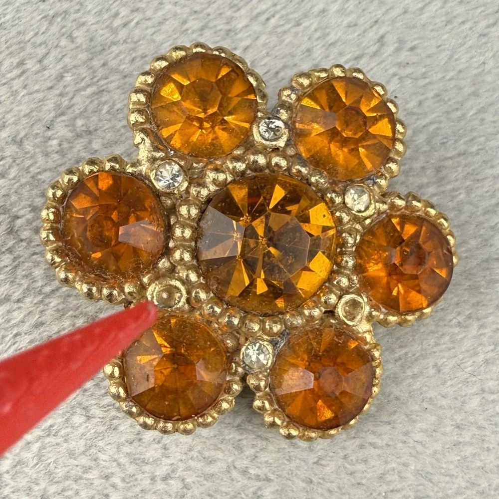 Vintage Estate Brooch Gold Orange Rhinestone Flower Floral Pin